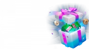 Изображение светящейся подарочной коробки, из которой вылетают деньги и монеты, рекламирующее бонус на день рождения от Легзо в ярких цветах и праздничной атмосфере.
