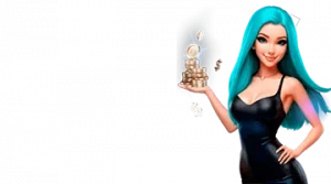 Изображение женского персонажа, держащего стопку монет, рекламирующего приветственный бонус в казино Легзо в игривом и привлекательном стиле.